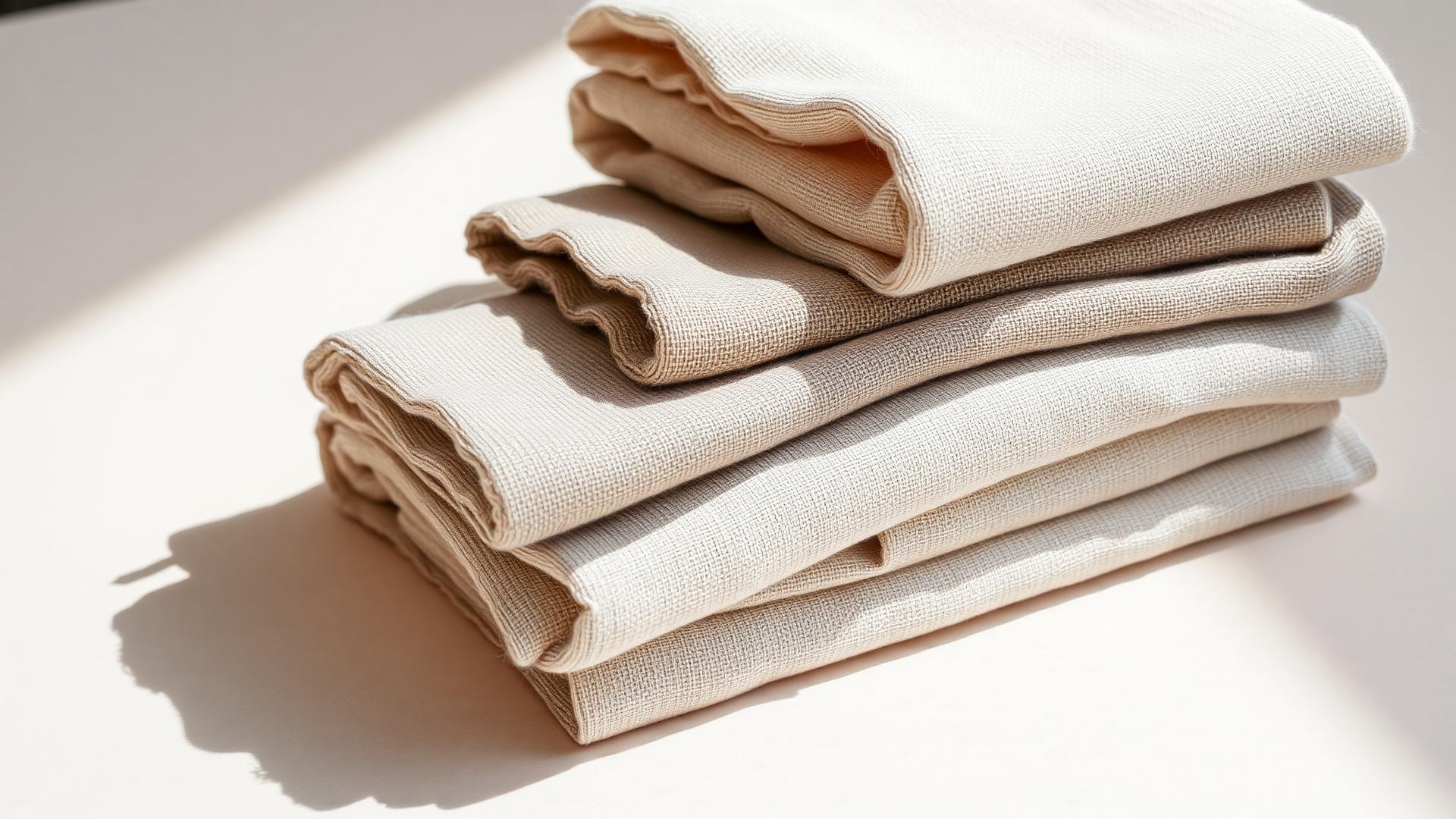 Folded swatches of linen, cashmere and organic cotton stacked in daylight